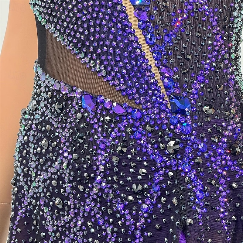 Figure Skating Dress Women's Girls' Ice Skating Dress Blue Black Patchwork Asymmetric Hem Mesh Spandex High Elasticity Training Competition Skating Wear Classic Crystal / Rhinestone Sleeveless Ice3