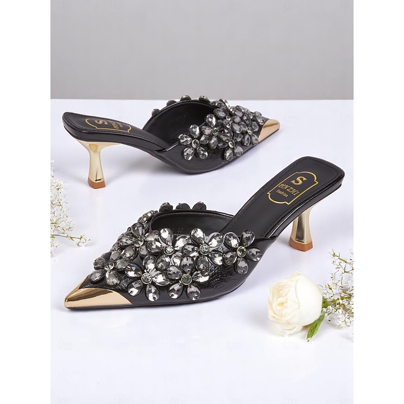 Women's Black Embellished Pointed-Toe Mules – Rhinestone Floral Slip-On Heels with Gold-Tone Accents for Elegant Cocktail Parties and Evening Events2