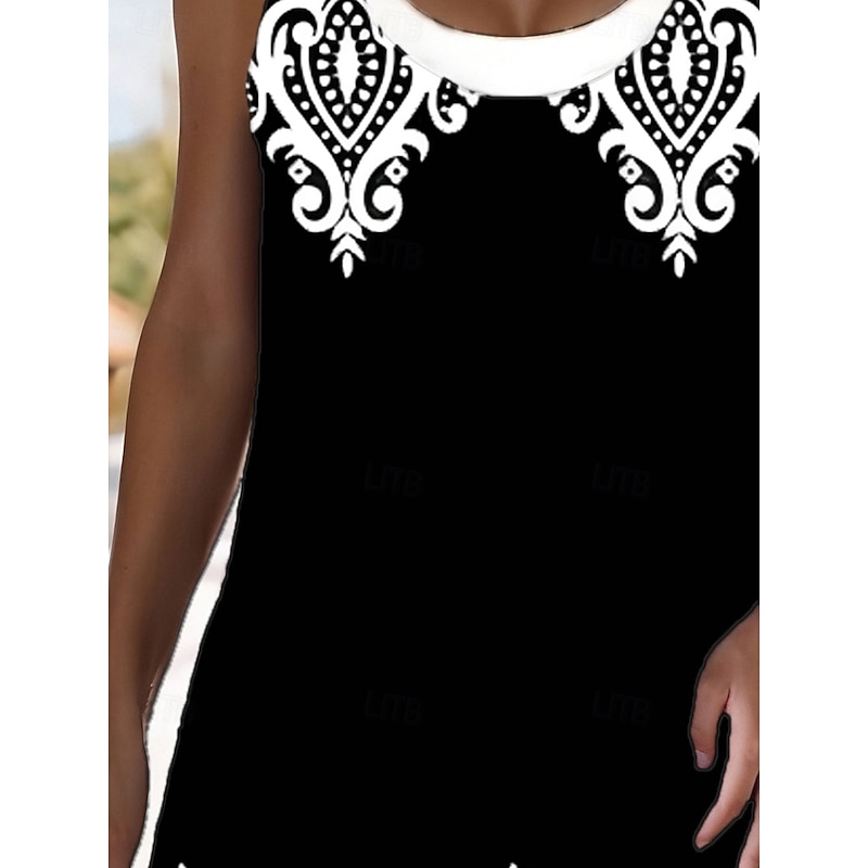 Women's Midi Dress Tank Dress Fashion Classic Outdoor Daily Weekend Regular Fit Graphic Geometric Sleeveless Crew Neck Black And White Spring Fall4