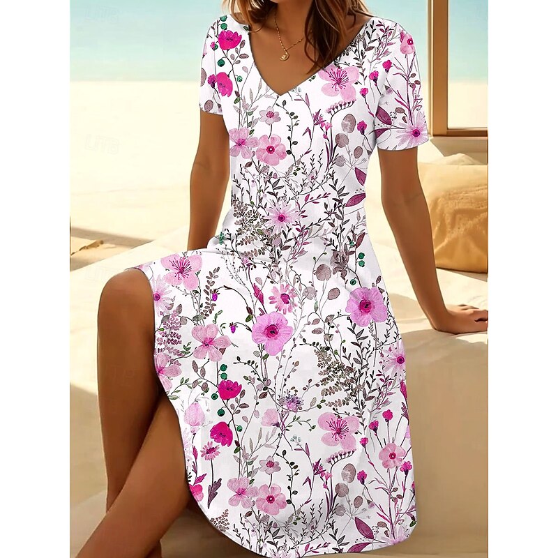 Women's Mini Dress T Shirt Dress Tee Dress Sundress Summer Dress Vacation Casual Beach Daily Going out Regular Fit Floral Graphic Short Sleeve V Neck Pink Blue Orange Green Summer4