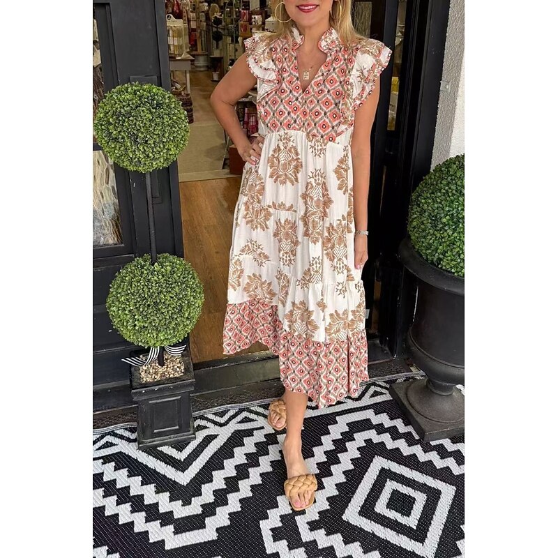 Women's Midi Dress Cotton Linen Dress Floral Dress Print Dress Classic Modern Outdoor Vacation Holiday Regular Fit Flower Sleeveless V Neck Black Orange Green Summer2