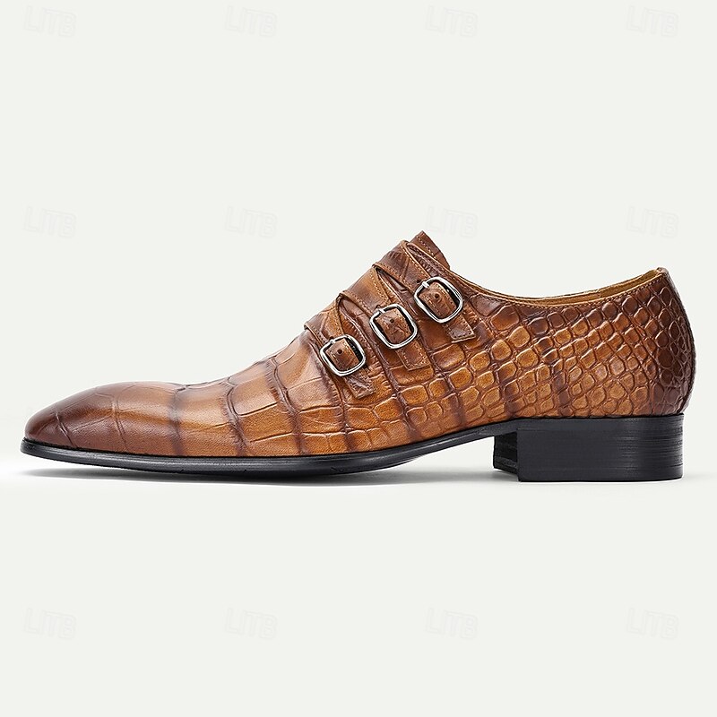 Men's Triple Buckle Brown Crocodile Pattern Leather Dress Shoes – Statement Prom and Evening Party Footwear3