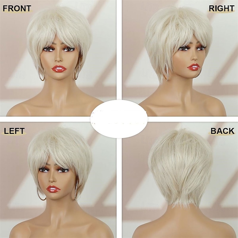 Short Blonde Wigs for White Women with Bangs Pixie Cut Straight Synthetic Replacement Wigs4