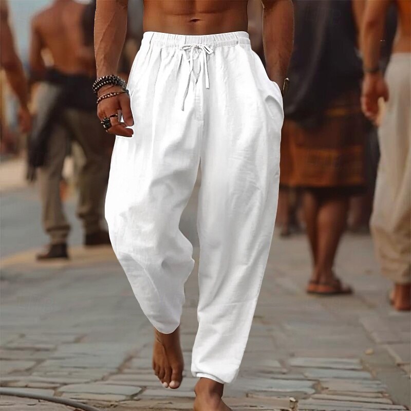 Men's Linen Pants Trousers Summer Pants Baggy Pants Beach Pants Drawstring Elastic Waist Wide Leg Plain Comfort Breathable Full Length Outdoor Casual Holiday Fashion Retro Vintage Black White3