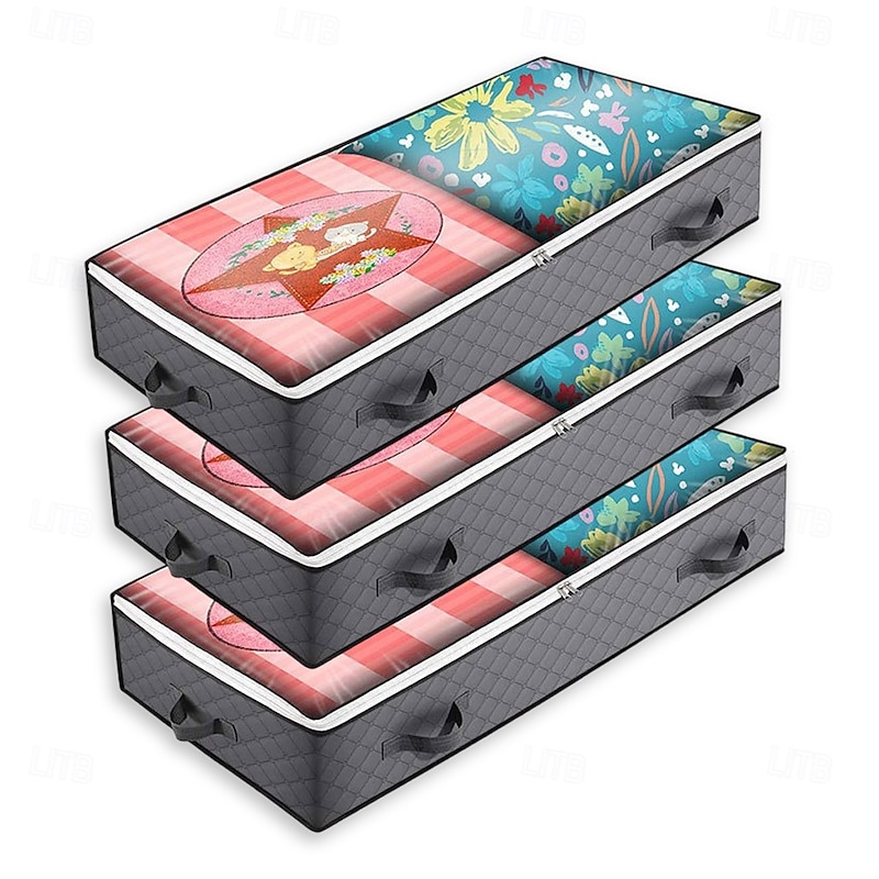 3 Pack Under Bed Storage Containers, Closet Organizers and Storage Bins, Foldable Underbed Storage Bags for Blankets, Towels, Comforter, Sweaters, Pillows, Linen Sheets, Wrapping Pape