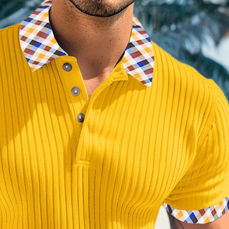 Men's Rib Knit Top Muscle Shirt Work Casual Lapel Ribbed Polo Collar Short Sleeve Basic Modern Color Block Buttons Knitted Summer Spring & Summer Slim Fit White Yellow Navy Blue Light Blue Rib Knit3
