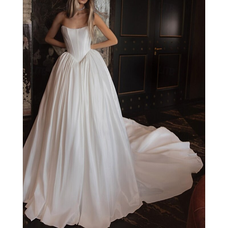Hall Vintage Royal Style Bustier Drop Waist Wedding Dresses Ball Gown Sleeveless Chapel Train Taffeta Bridal Gowns With Solid Color3