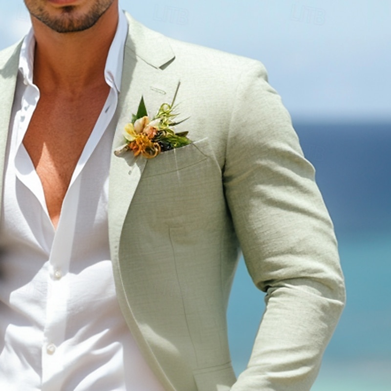 Men's Wedding Linen Suits Sage Half Lined Lightweight Summer Casual Solid Colored Standard Fit 2 Piece Single Breasted One-button3