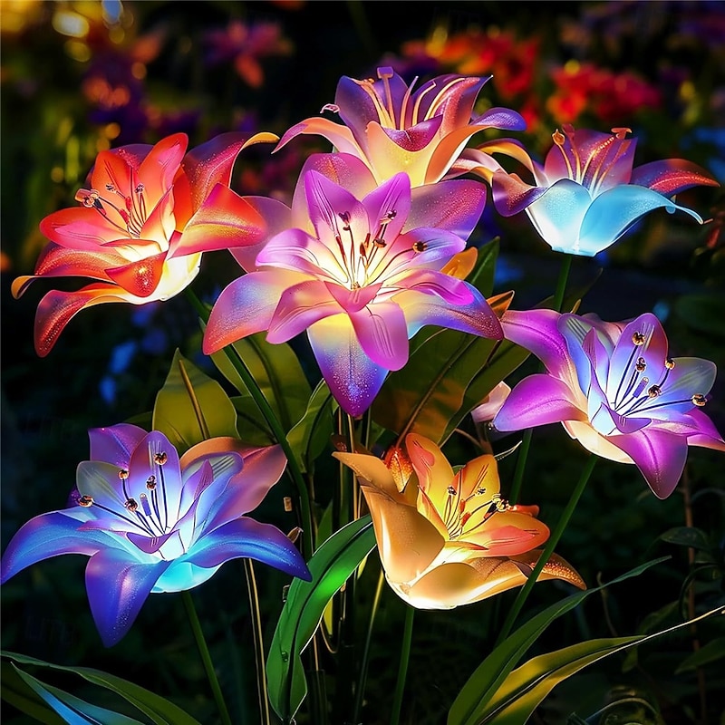 Solar Flower Lights Outdoor 4 Head Dahlia Floor Plug In Led Color Gradient Garden Courtyard Decorative Light Lawn Light Simulated Plant Landscape Light  1PC