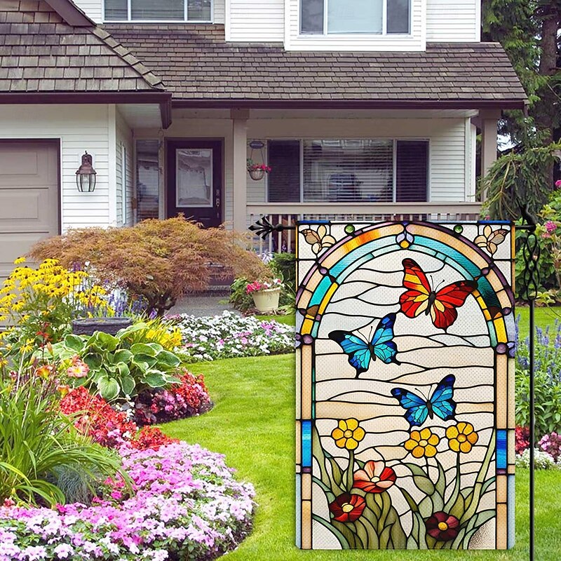 Flag 12 x 18 Inch Yard Flags, Stained Glass Hummingbirds Small Garden Flags for Outside, Outdoor Flags, Holiday Garden Flags