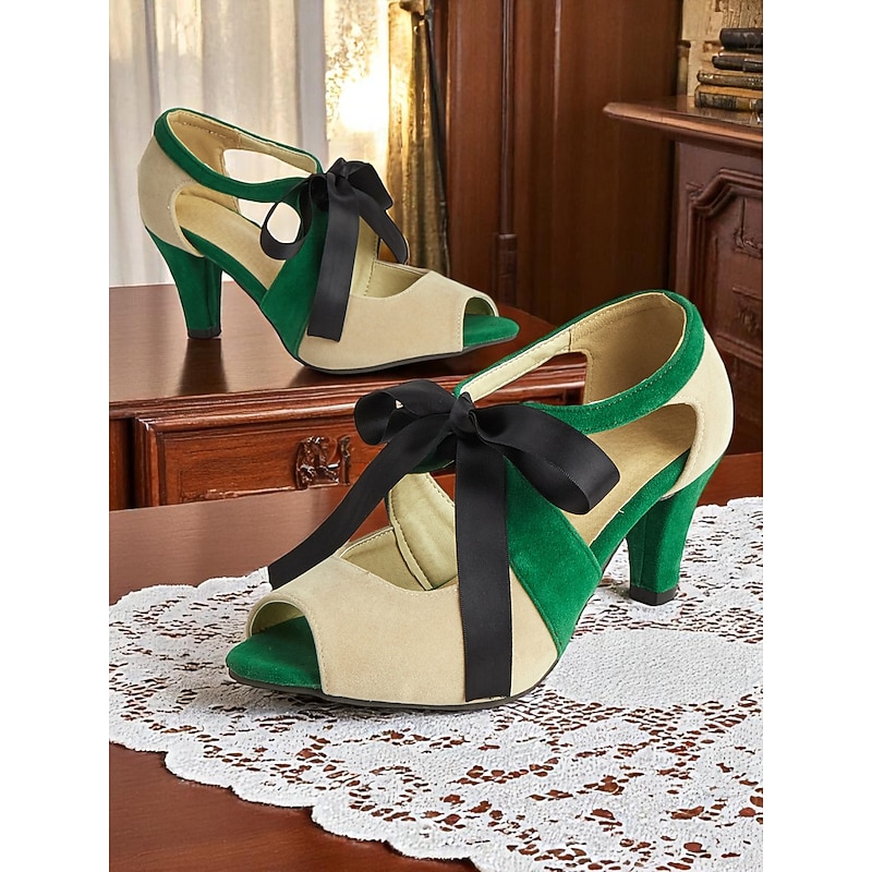 Women's Green and Beige Suede Peep Toe Heels with Black Ribbon-1920s Edwardian Vintage Gatsby Style Shoes for Elegant Parties, Dance Events, and Retro Outfits
