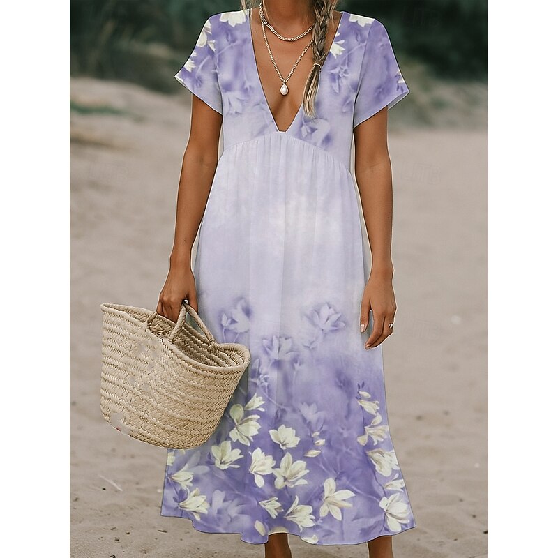 Women's Midi Dress Casual Dress Hot Daily Date Loose Fit Flower Short Sleeve Deep V Light Green Pink Blue Light Purple Summer3