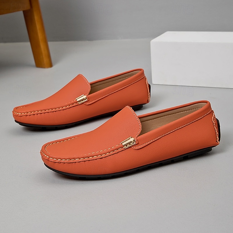 Men's Orange Leather Slip-On Loafers with Gold Zipper Detail, Comfortable Casual Shoes, Perfect for Everyday Wear and Vacation Adventures2