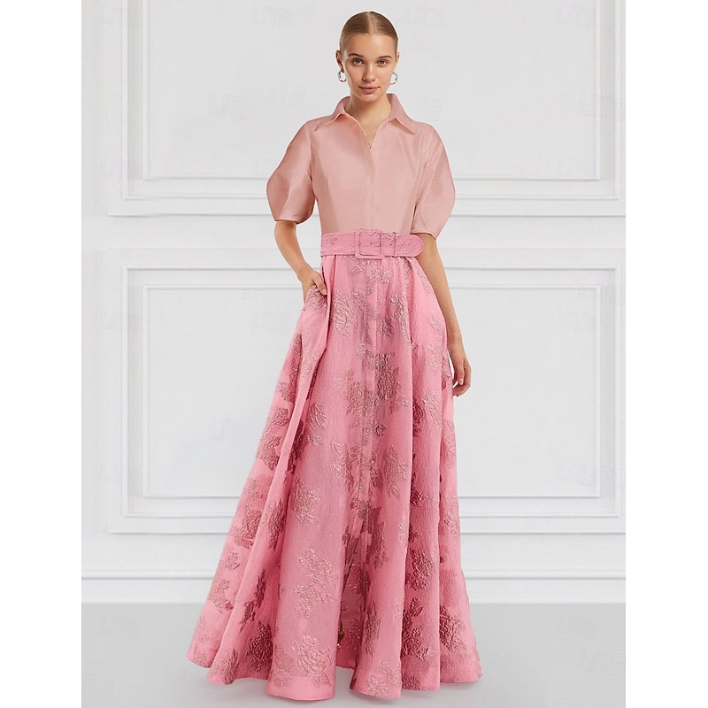 A-Line Mother of the Bride Evening Gown Elegant Dress Formal Wedding Guest Floor Length Half Sleeve Shirt Collar Belt / Sash Nylon with Floral Print Wedding Guest Dress