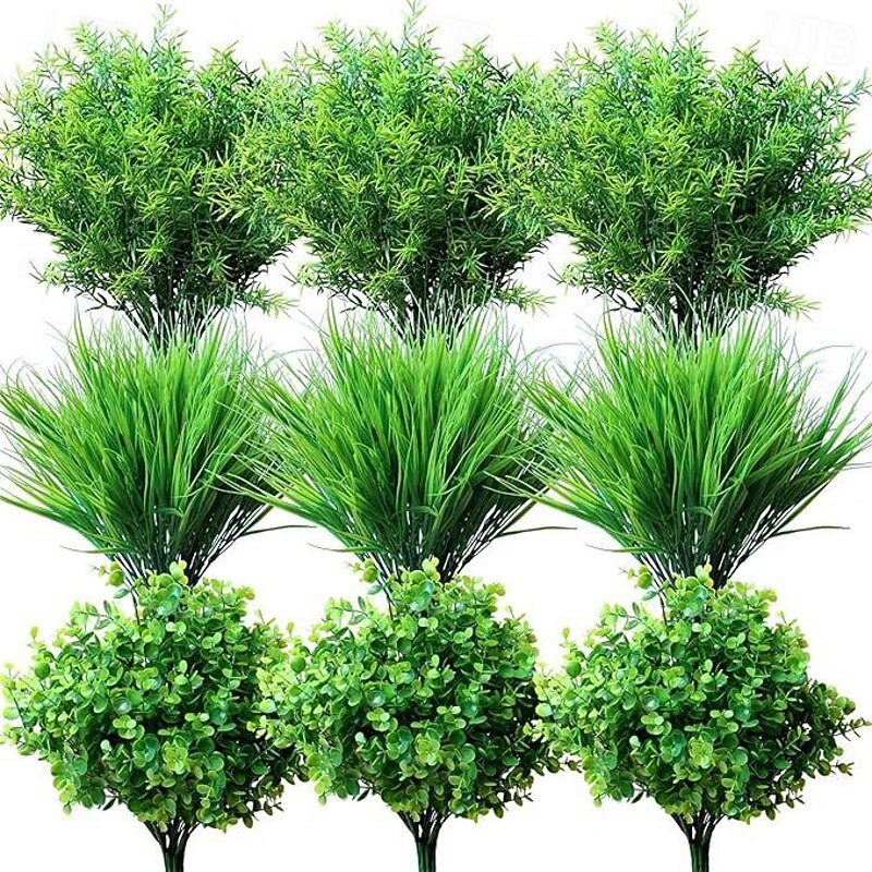 19pcs Artificial Fake Flowers Eucalyptus Greenery Plants, Indoor Outdoor Garden Decor, Small Spring Grass Arrangement, Faux Green Plants for Home Patio Yard Decoration