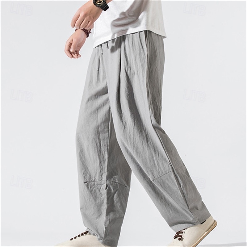 Men's Linen Pants Trousers Summer Pants Beach Pants Pocket Drawstring Elastic Waist Plain Comfort Breathable Vacation Daily Holiday Hawaiian Boho Black Wine2