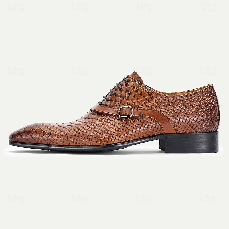 Men's Brown Crocodile Pattern Leather Oxford Shoes – Elegant Prom and Banquet Dress Shoes with Side Buckle3