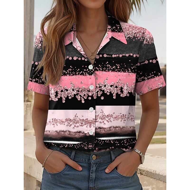 Women's Shirt Long Sleeve Button Down Blouse Graphic Geometric Daily Casual Short Sleeve Shirt Collar Regular Tops Daily Pink Blue Green Summer Spring