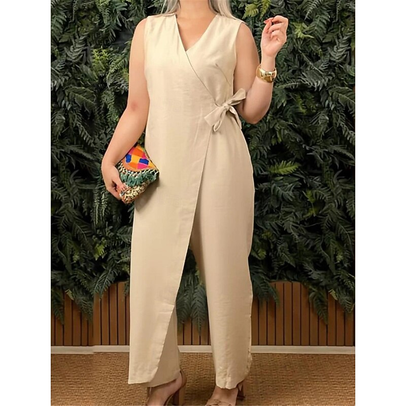 Women's Normal Jumpsuit Streetwear Solid Color Sleeveless V Neck Lace up Street Daily Regular Fit Black White Yellow Summer3