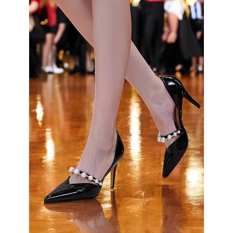 Women's White Patent Leather Pointed Toe Stiletto Heels with Pearl Strap – Elegant Prom, Party, and Wedding Shoes3