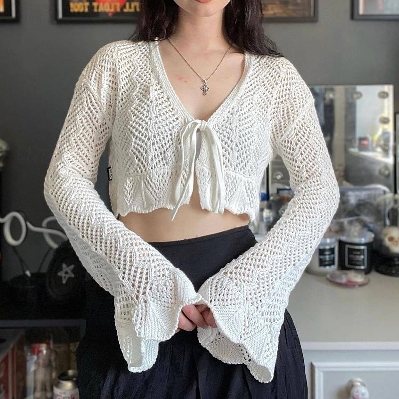 Women's Shirt Blouse Plain Modern Casual Long Sleeve V Neck Crop Tops Daily Going out Cut Out Black White Summer2