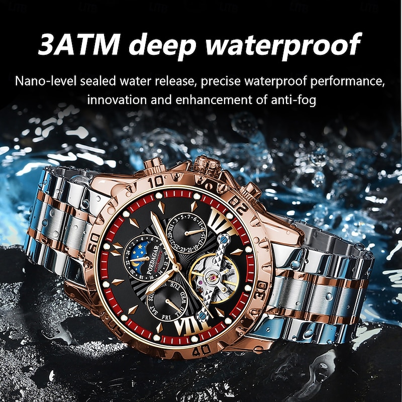 Luxury Automatic Mechanical Watch for Men, Hollow Tourbillon, Waterproof, Luminous, Date Week, Stainless Steel2