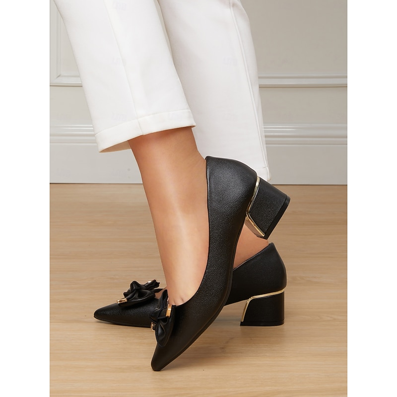 Women's Black Pointed-toe Chunky Heel Pumps with Bowknot & Metal Decor – Elegant Office Style for Professional Ladies in Business Occasions4