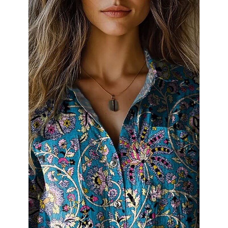 Women's Shirt Floral Retro Vintage Ethnic Long Sleeve Shirt Collar Regular Tops Daily Holiday Pocket Buttons Print Blue Gray Summer2