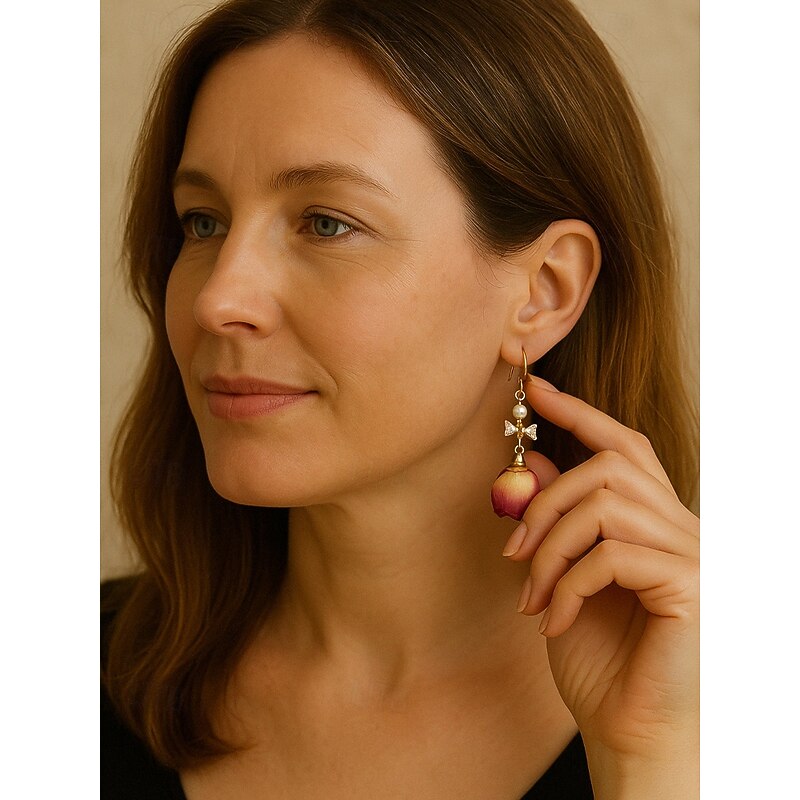 Women's Real Flower Drop Earrings – Acrylic Rose Bud Design with Pearl & Bow Accents, Elegant Handmade Jewelry for Romantic Style, Ideal Gift for Mom on Mother's Day3