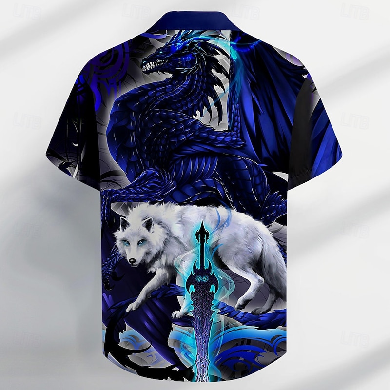 Dragonblade ALPHABLADE HIGH REZ by Ruth Thompson Men's Animal Wolf Dragon Button Up Shirt Short Sleeve Designer Shirt Limited Artist Edition2