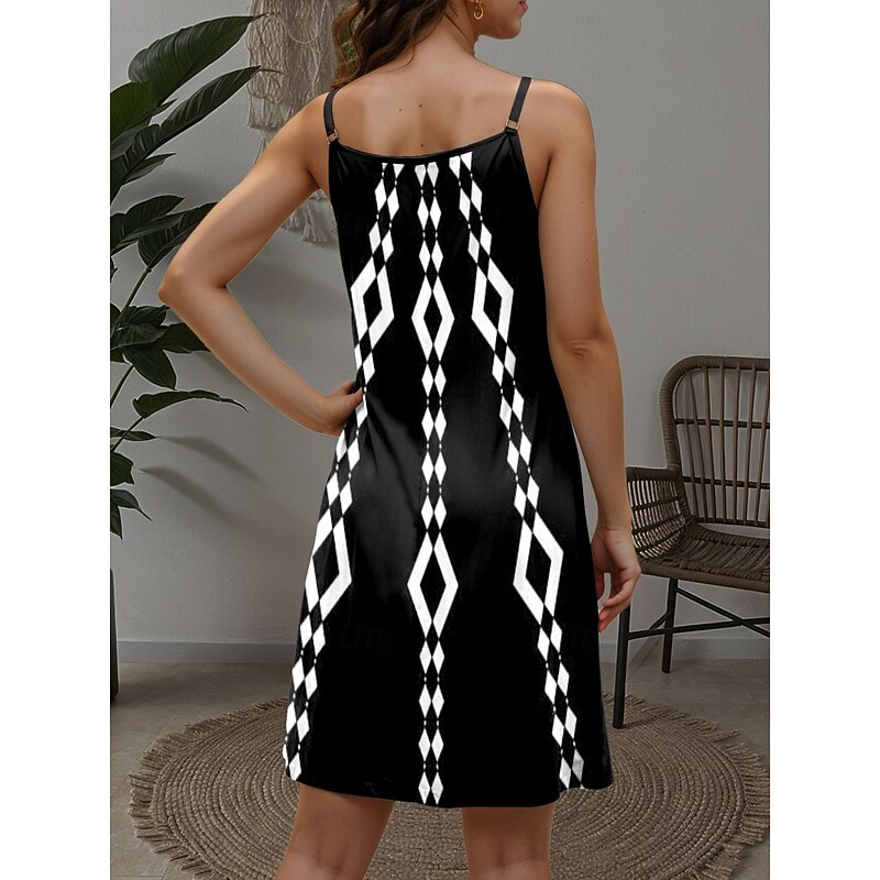 Women's Mini Dress Sundress A Line Dress Slip Dress Off The Shoulder Dress Vacation Casual Boho Going out Beach Standard Fit Graphic Geometric Sleeveless V Neck Black Summer2