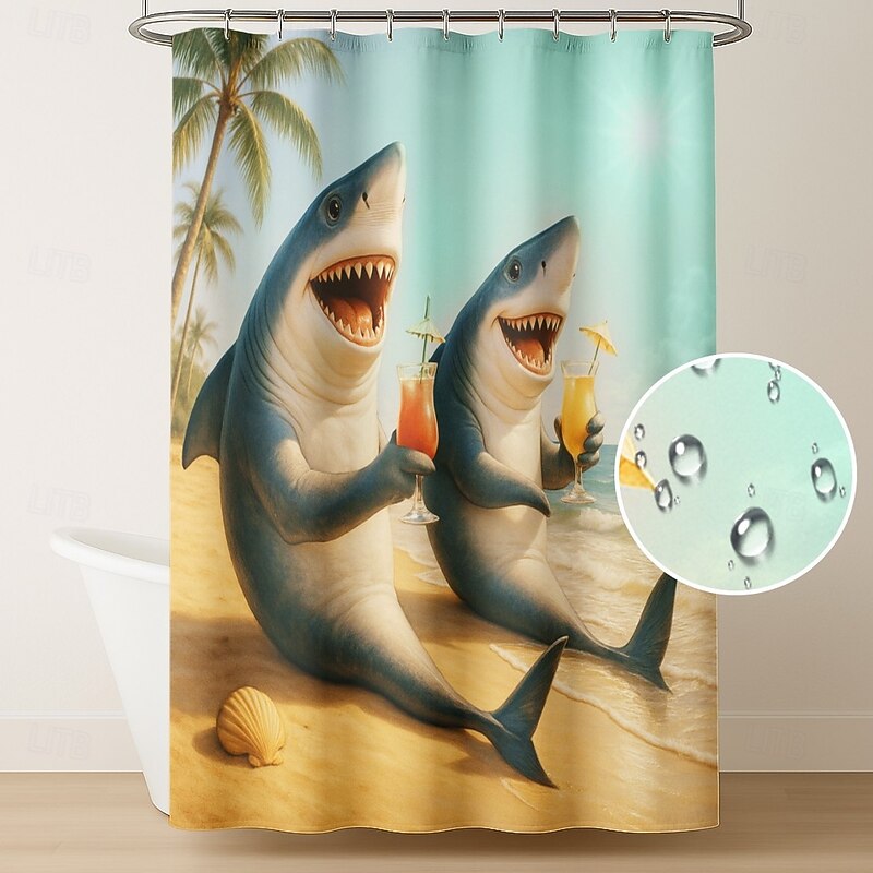 Shower Curtain with 12 Hooks 180cm*180cm(70"*70") Polyester Washable Waterproof Pattern Bathroom Bathtub Decor Animal Sharks2