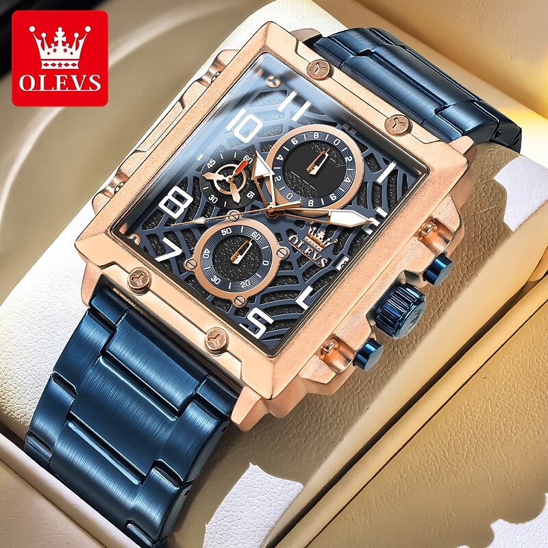 OLEVS 2958 Men's Square Quartz Watch, Waterproof, Luminous Stainless Steel, Sport Clock, Elegant Design - Main Image