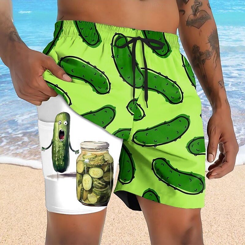Men's Funny Pickle Lined Shorts 2 in 1 Board Shorts Swim Shorts Mid Waist Hawaiian Vacation Holiday Beach Wear Side Pockets With Compression Liner Elastic Drawstring Waist Designer Clothing Apparel