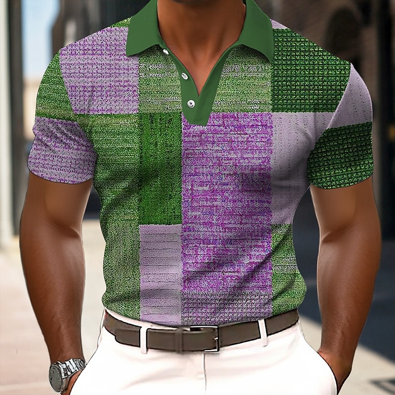 Men's Color Block Polo Short Sleeve Polo Shirts Collared Shirts Casual Outdoor Athleisure Daily Wear 3D Print Summer Blue Purple Green2