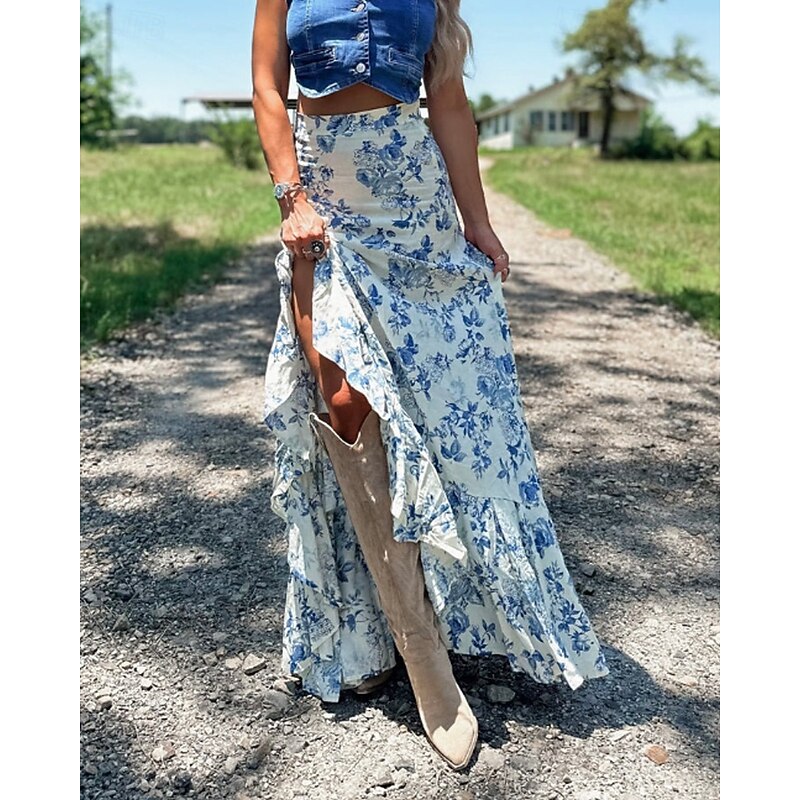 Women's Skirt Casual Boho Maxi Mid Rise Skirts Floral Print Split Ends Micro-elastic Vacation Street White Summer Polyester