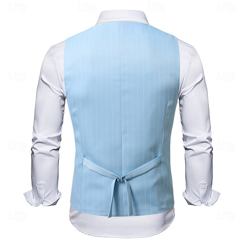 Men's Blazer Business Cocktail Party Wedding Party Fashion Casual Spring &  Fall Polyester Stripes Pocket Buttons Comfortable Double Breasted Blazer Black White Sky Blue3