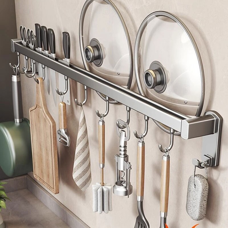 Multi Functional Kitchen Suction Cup Storage Rack, ABS, Aluminum, Hook Hanging Rod&Wall Mounted Knife Holder, Shovel Hanging Rack, Pot Cover Rack, One-Stop Kitchenware Storage Solution