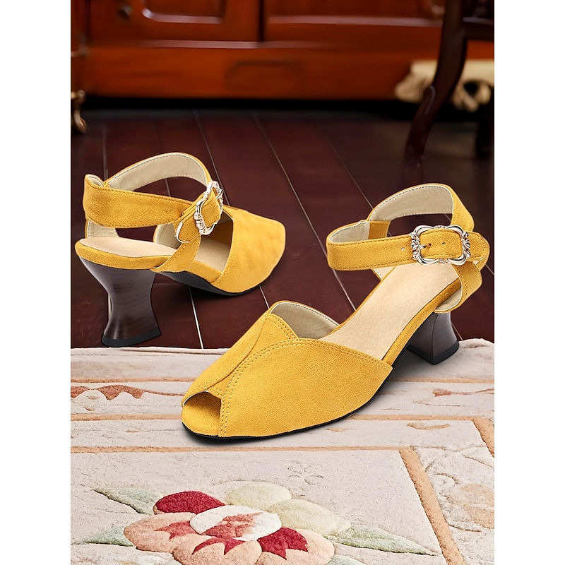 1930s Style Women's Yellow Peep Toe Buckle Sandals – Vintage Mid Heel Dance Shoes for Evening Party & Formal Events4
