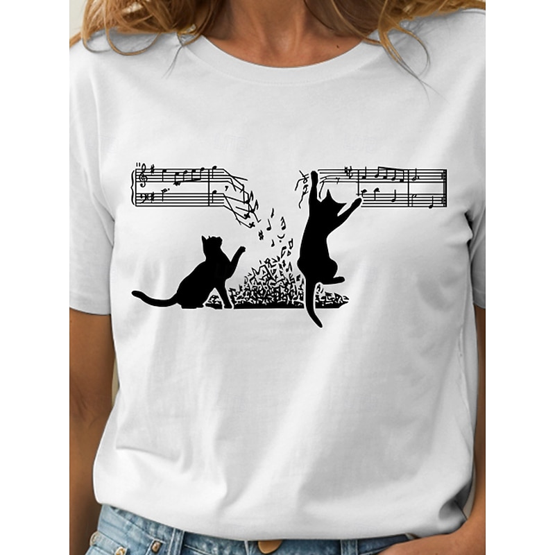 Women's T Shirt Cotton Shirt Graphic Cat Vintage Stylish Classic Short Sleeve Crew Neck Round Neck Regular Tops Daily Print Black White Gray Summer3