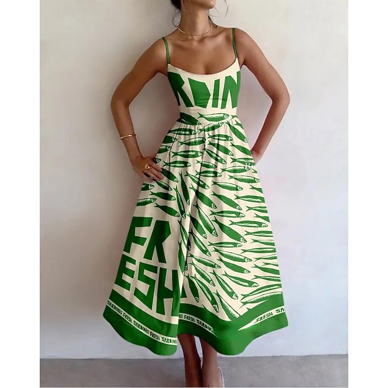 Women's Midi Dress Sheath Dress Vacation Casual Formal Party Graphic Animal Fish Sleeveless Spaghetti Strap White+Black Blue White White Red Summer Spring4