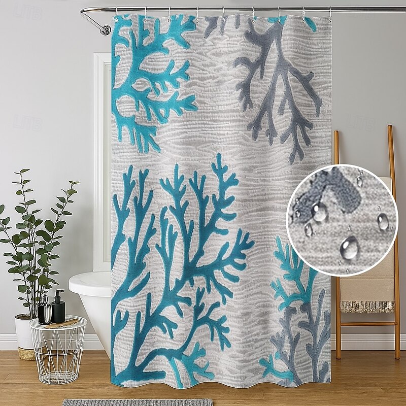Shower Curtain with Hooks 180cm*180cm(70"*70") Polyester Washable Waterproof Ocean Sea Weeds Pattern Bathroom Decor4