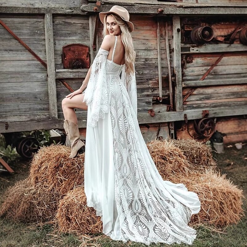 Casual Wedding Dresses A-Line Halter Neck Detachable Sleeve Sweep / Brush Train Boho Lace Bridal Gown4