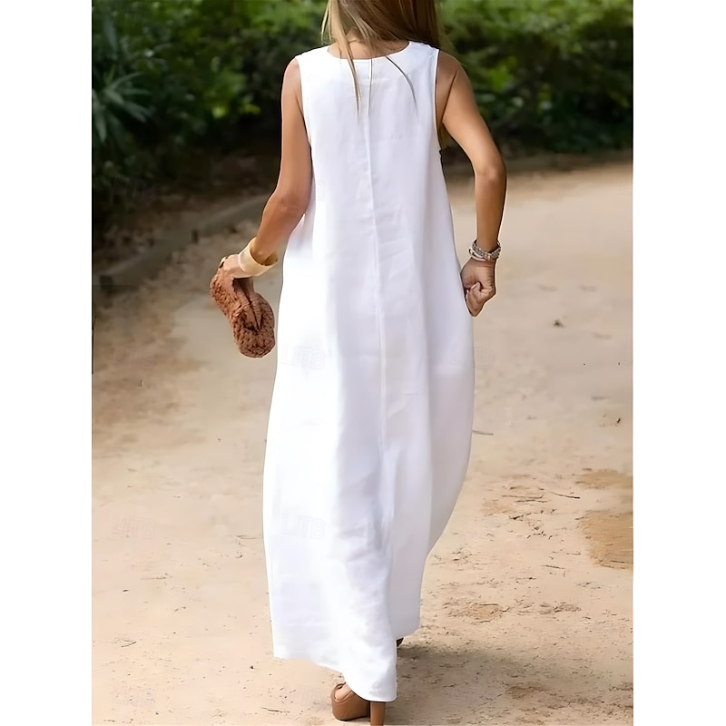 Women's White Dress Cotton Linen Dress Maxi Dress Vacation Dress Casual Dress Modern Daily Weekend Regular Fit Plain V Neck Summer Spring4