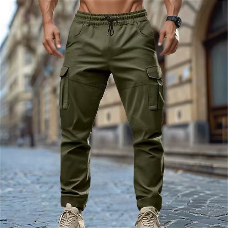 Men's Cargo Pants Trousers Drawstring Multi Pocket Flap Pocket Plain Wearable Outdoor Daily Camping & Hiking Fashion Classic ArmyGreen Black4