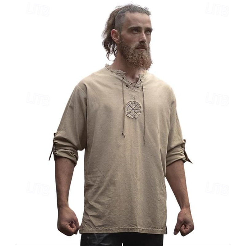 Medieval Renaissance 17th Century Medium Length Blouse / Shirt Cosplay Costume Knight Ritter Viking Celtic Knight Drawstring Solid Color Round Neck Fancy Dress Men's Pirate Halloween Masquerade3