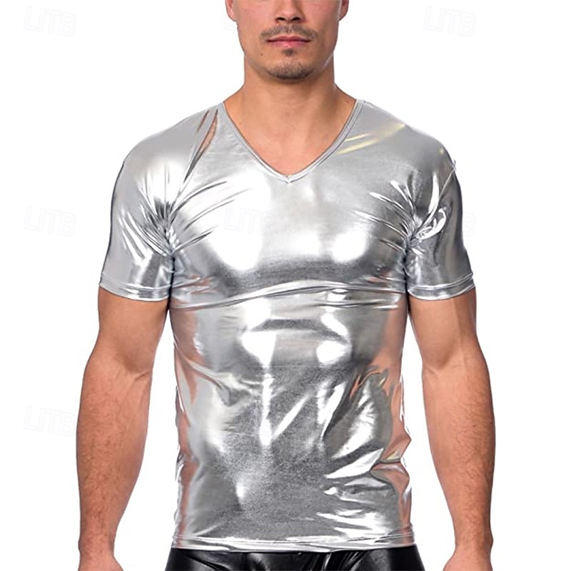 Retro Vintage 1980s T-shirt Disco Shiny Latex Patent Metallic Fancy Dress Men's Halloween Carnival Pride Parade Pride Month Adults' T-shirt Summer4