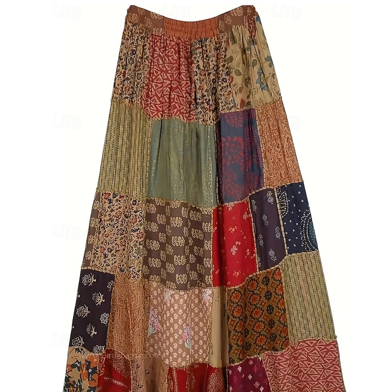 Women's Skirt Casual Boho Maxi Mid Rise Skirts Floral Print Micro-elastic Vacation Street Red Blue Summer Polyester4