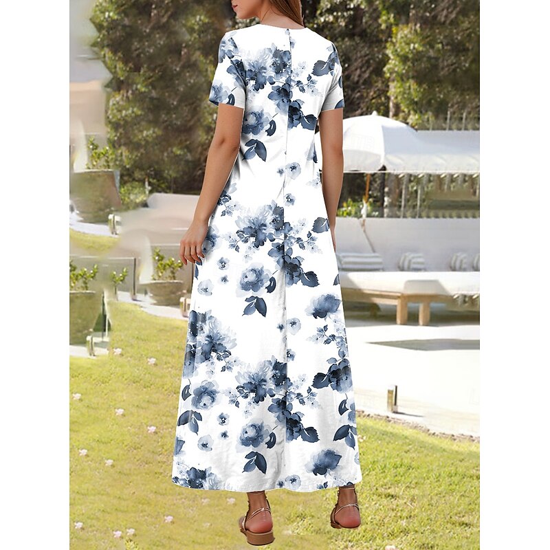 Women's Maxi Dress Casual Dress A Line Dress Summer Dress Elegant Vacation Casual Regular Fit Floral Graphic Short Sleeve Square Neck White Pink Blue Summer2