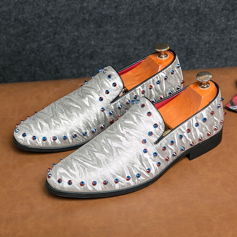 Men's White Textured Satin Loafers with Colorful Studs – Fashion Prom Shoes for Graduation and Special Events3